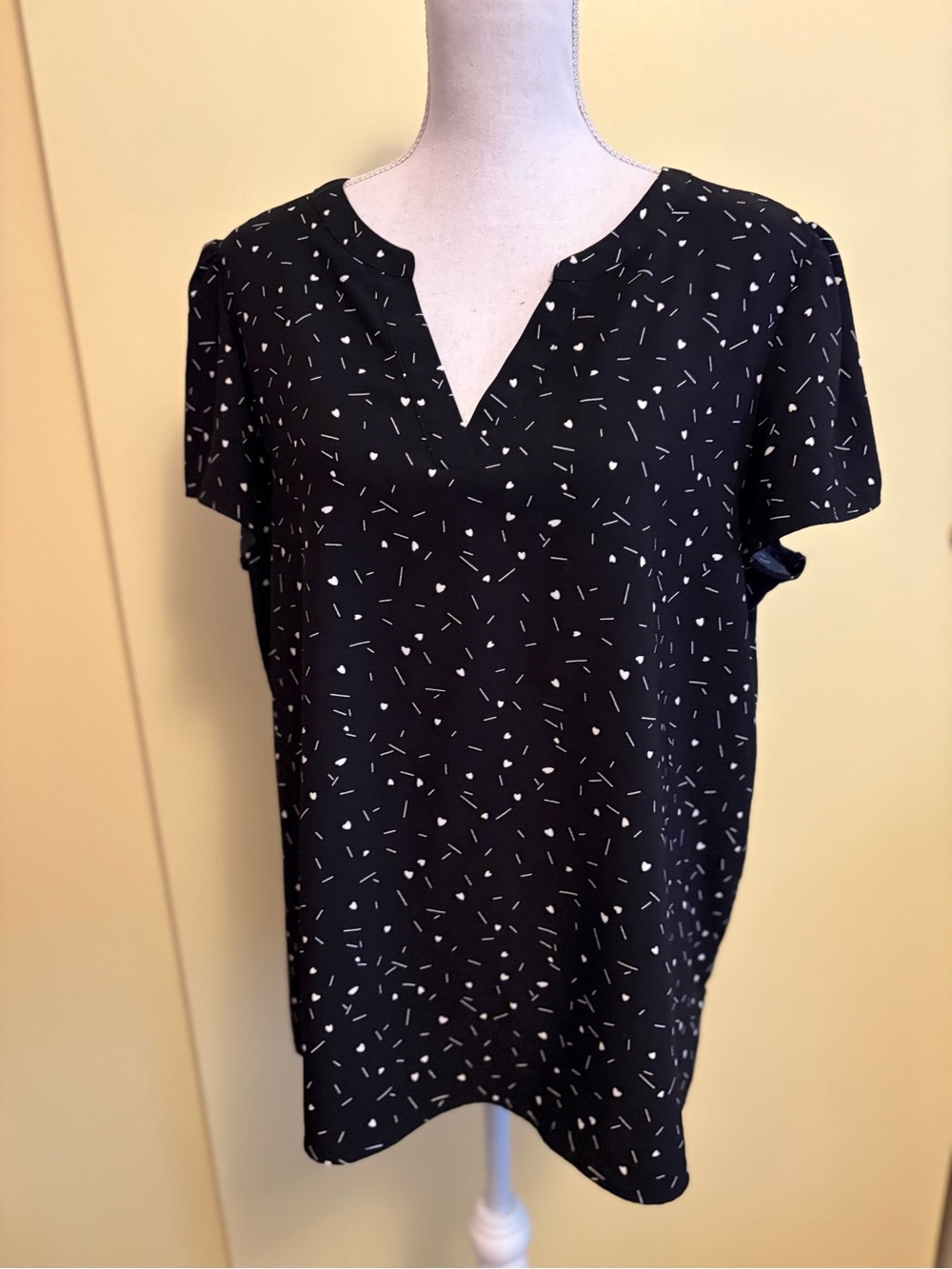 Hilary Radley Black Short-Sleeve Notch-Neck Confetti Print Top